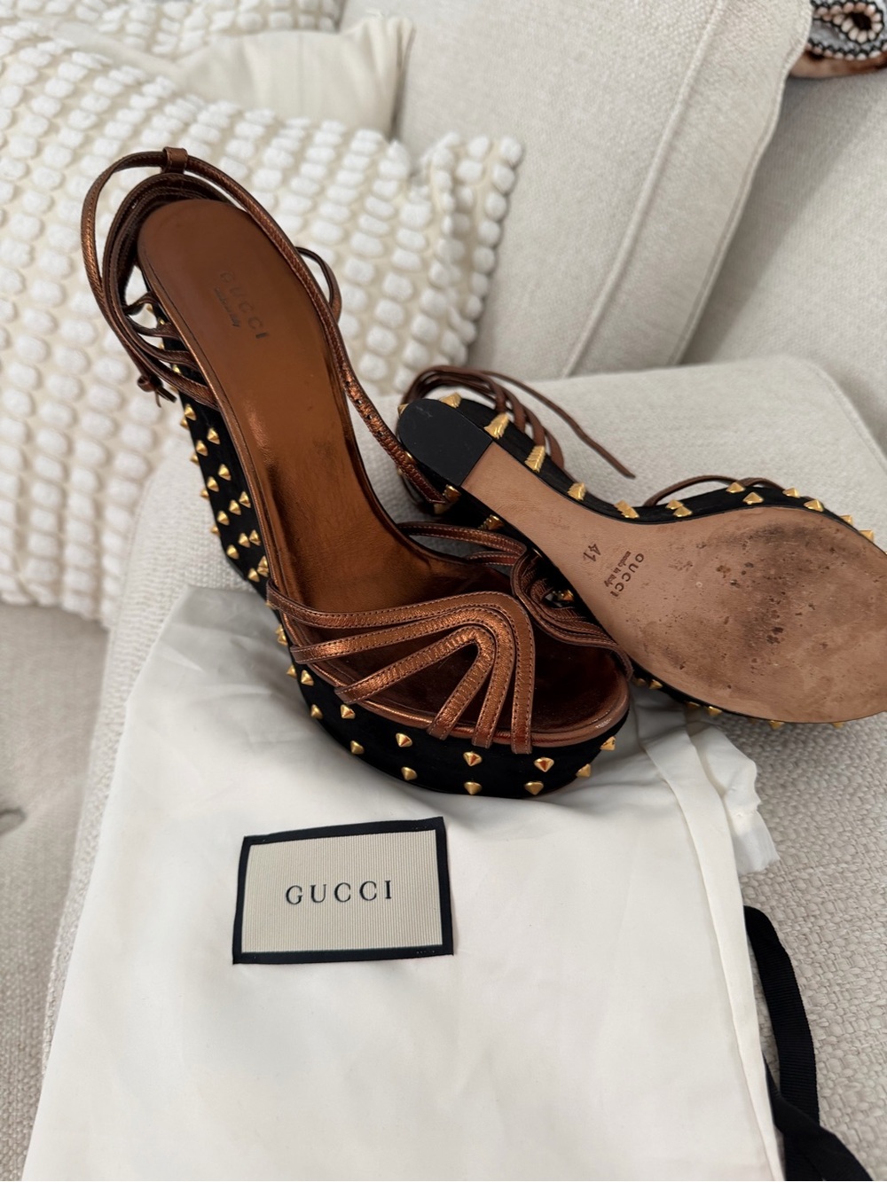 Gucci Bronze Leather Platform Studded Sandals